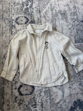 Zara Kids Cream Button-Down Shirt with Snoopy Embroidery